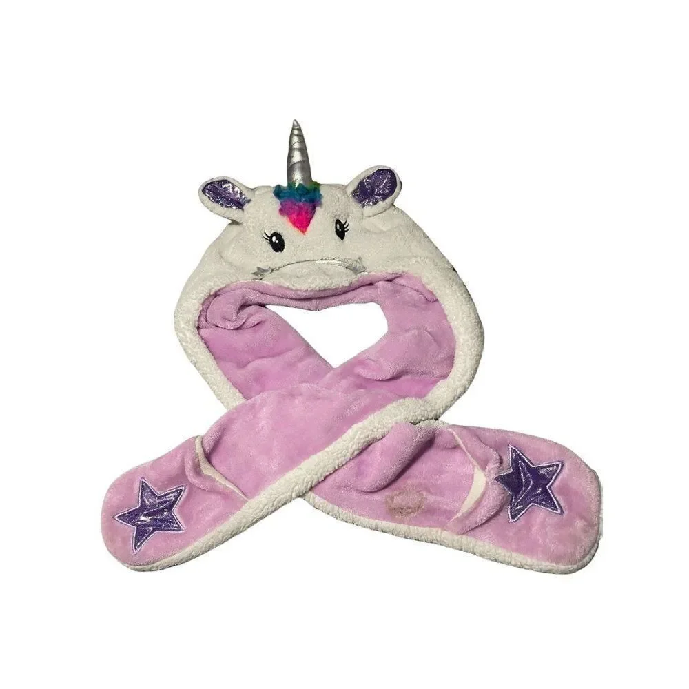 Rainbow Girls Purple White Unicorn Trapper Hat and Mitten Set All In One Size S